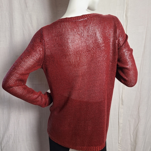 Women's Burgundy Latex Covered Long Sleeves V-Neck Sweater - Picture 5 of 12